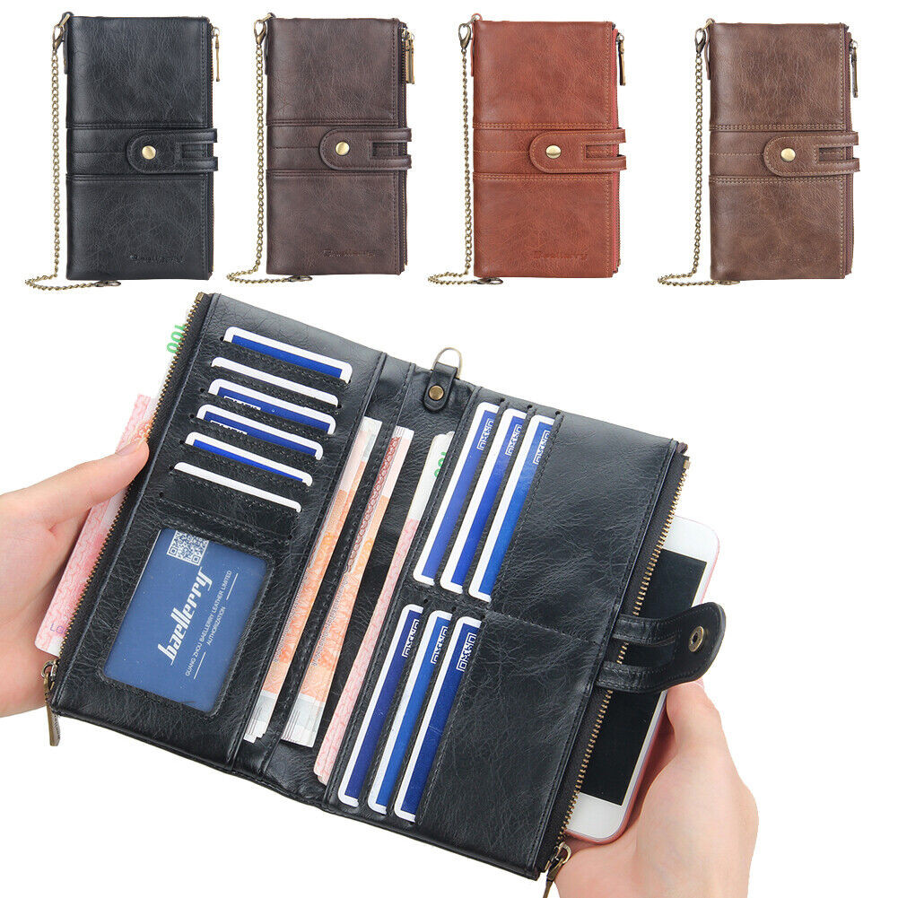 Men’s Long Wallet with Chain Leather RFID Blocking Biker Trucker Bifold Zipper