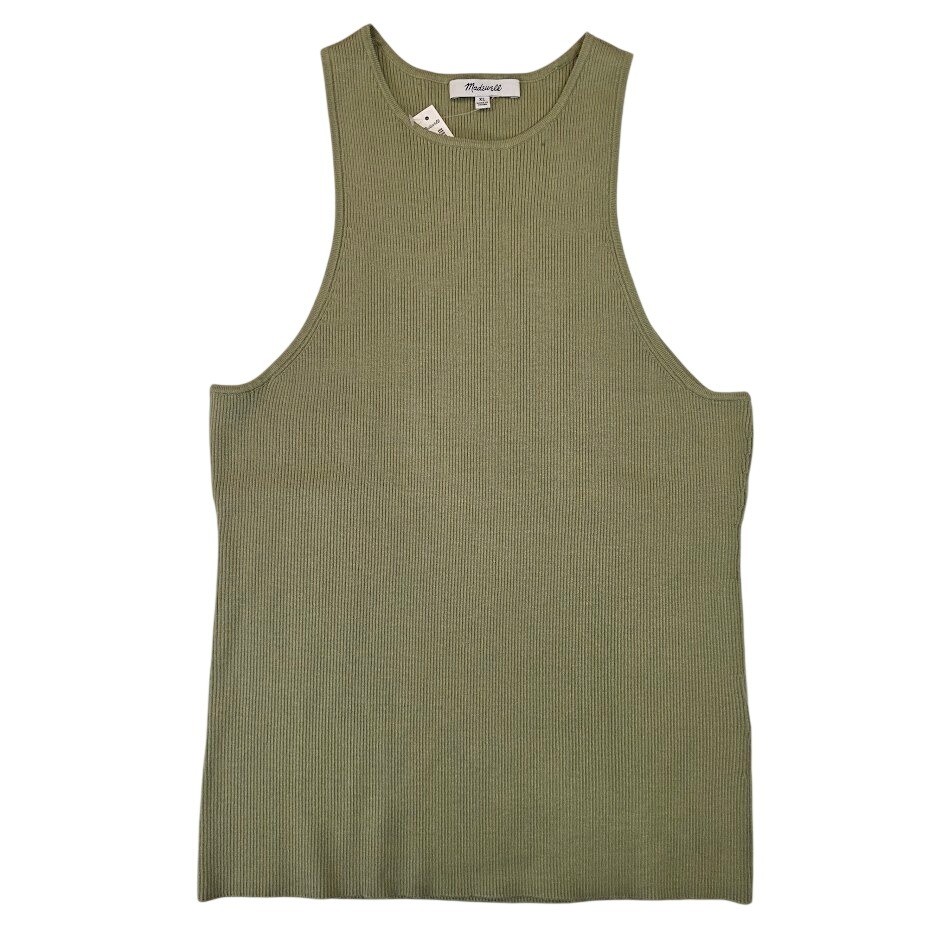 Madewell XL Signature Knit Cutaway Sweater Tank Sage Green Ribbed High Neck NWT