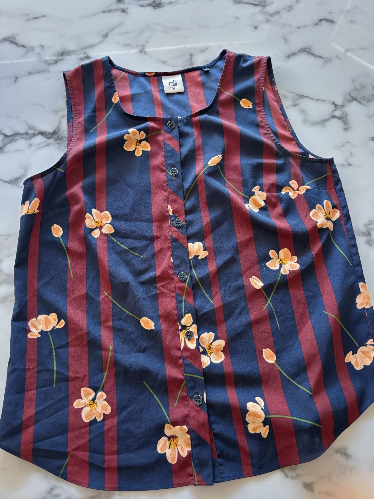 CAbi Navy Burgundy Stripe Floral Sleeveless Button Front Blouse Size M