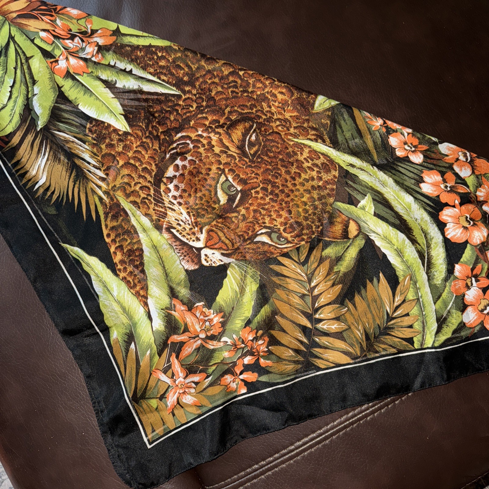 Fabulous Jungle Print Leopard Scarf 30.5” Square Ghost Stripe Hand Rolled Hem