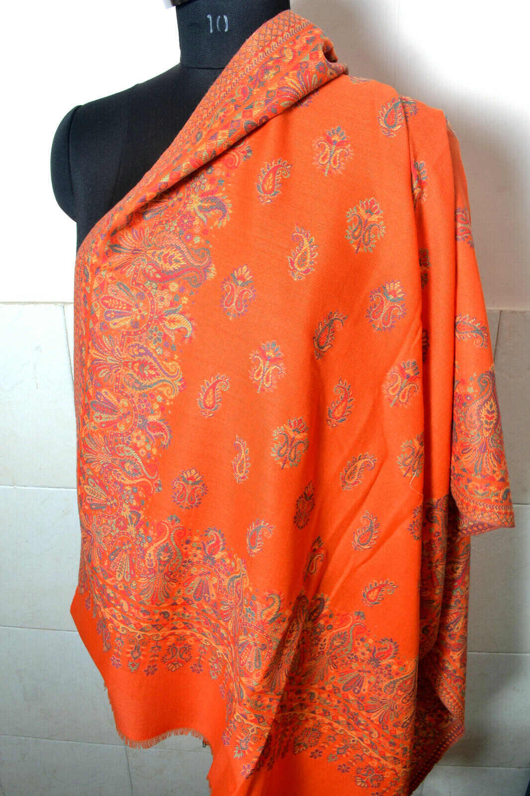 Orange KANI WEAVE Jamawar Stole Wool Blend Pashmina Jamavar Paisely