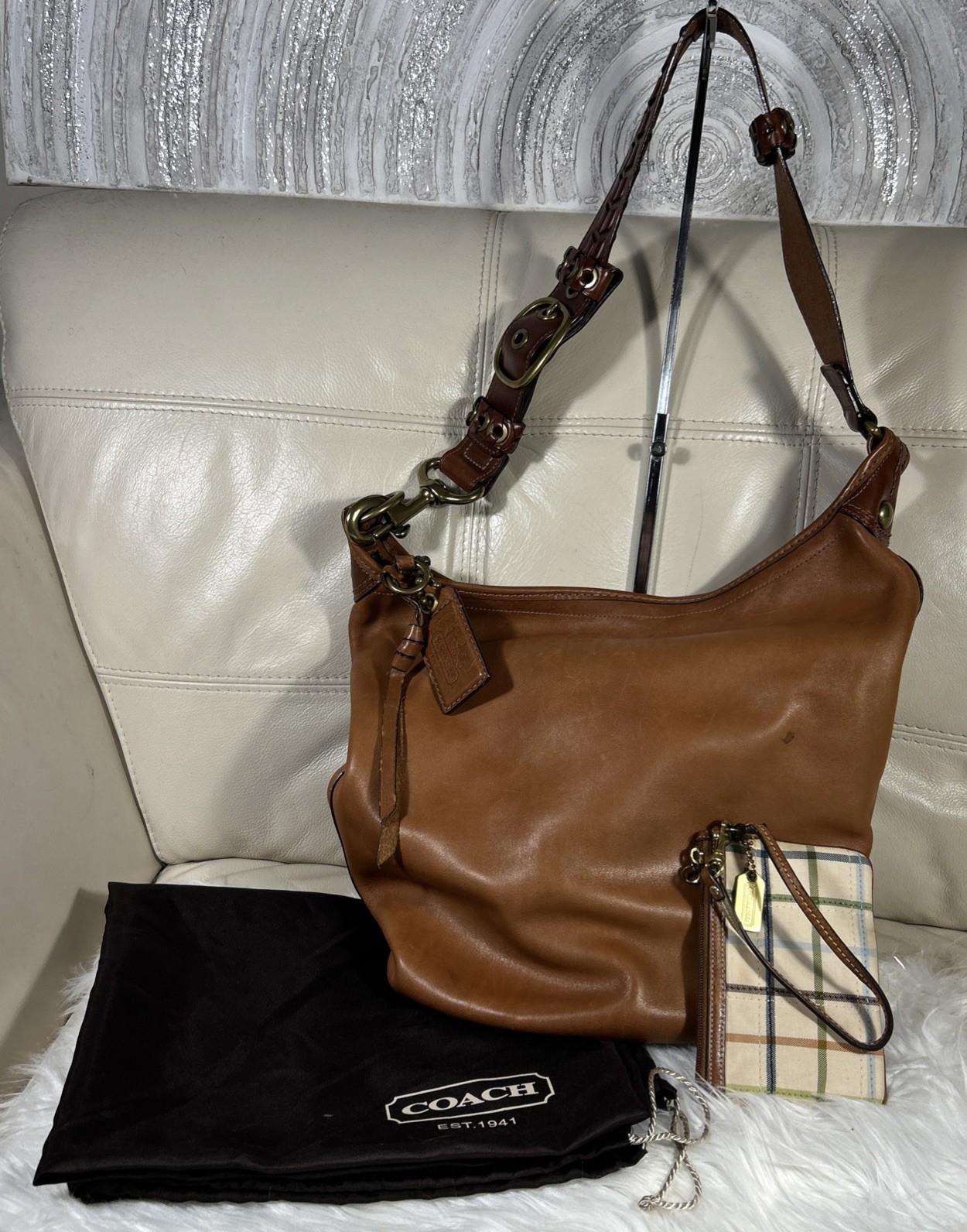 Vintage Coach Bag Bleecker 11423 Wristlet Whiskey Tattersall Duffle Dust Bag!