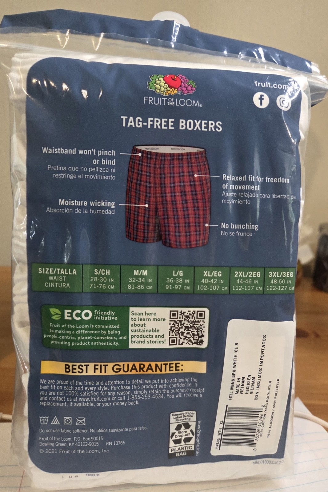 5 White XL 40-42 Inch Boxers Fruit Of The Loom EG 102-107 CM