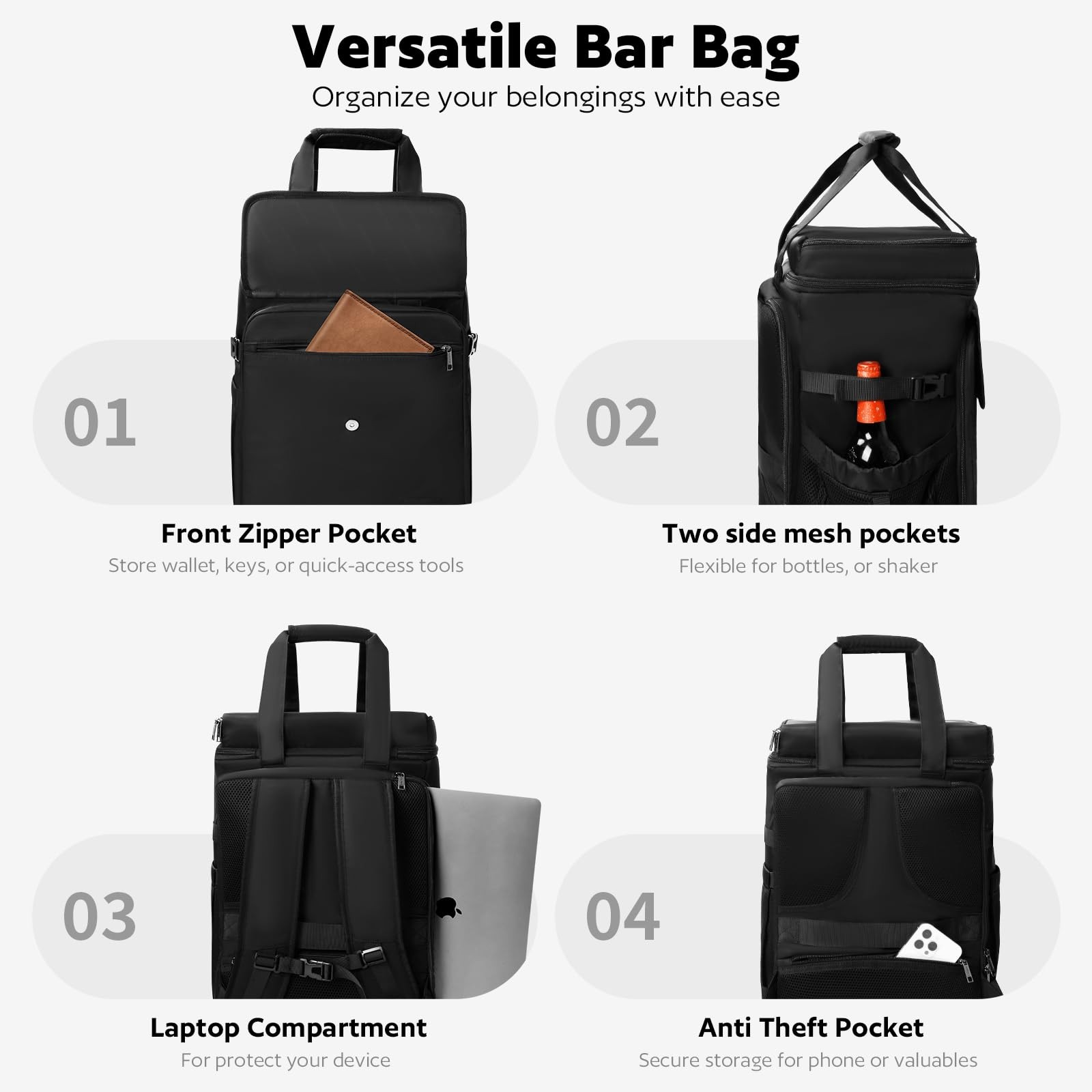 Bartender Bag, Leakproof Travel Bartender Kit Backpack for Carrying Bar Kit, Por