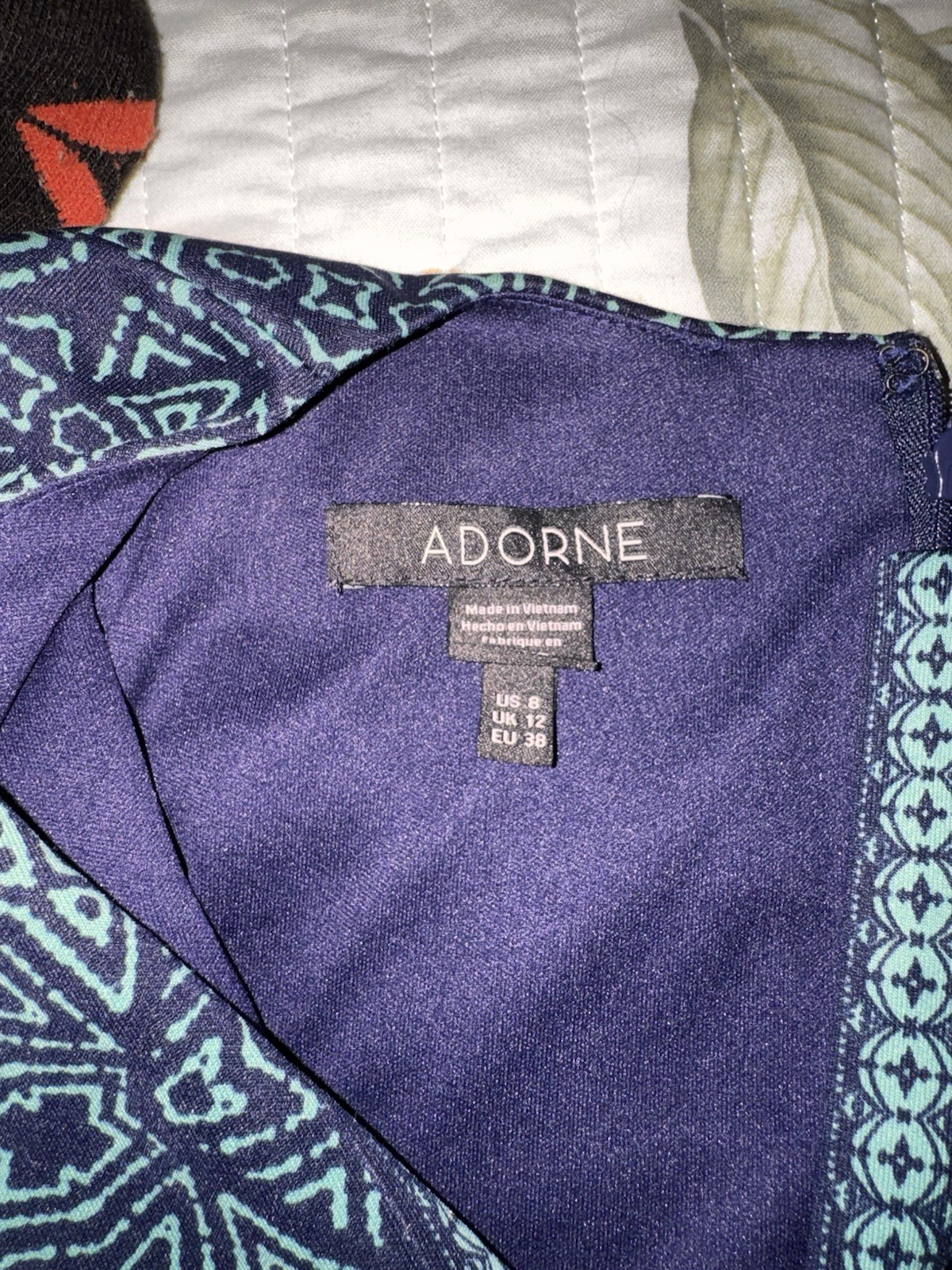 Adorne Navy Teal Geometric Sheath Dress Sleeveless Zip Size 8 Knee Length