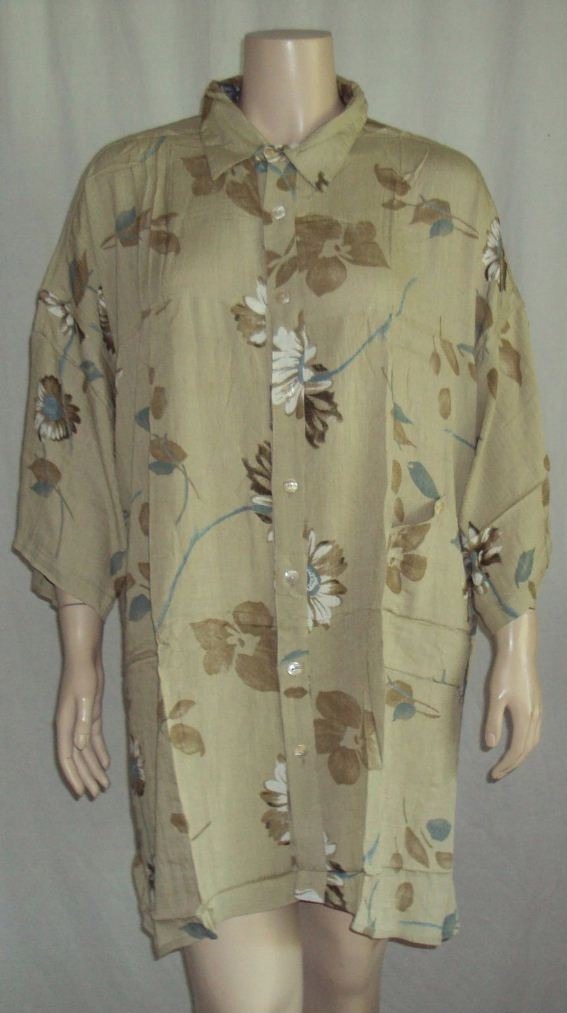 A4 Beige Blue Floral Batik ARTSY Crinkle Rayon Tunic Top Long Bust 68 2X 3X 4X