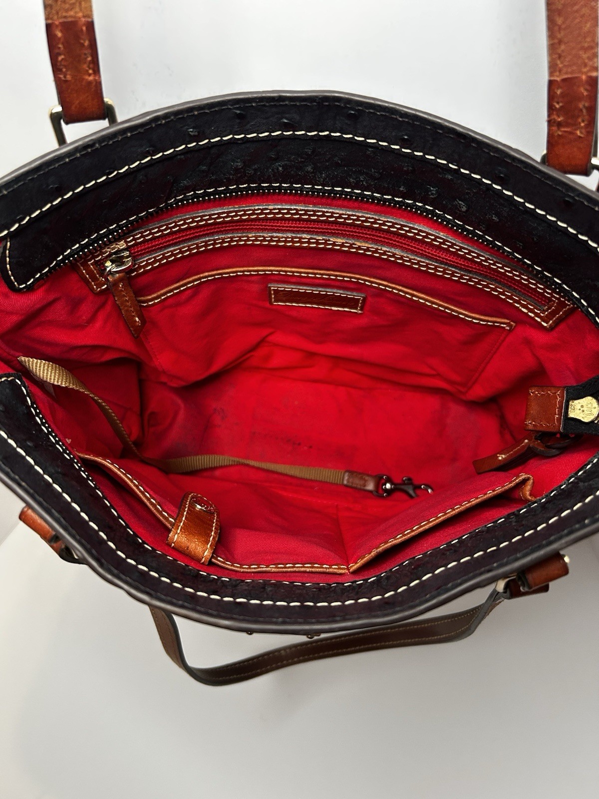Dooney & Bourke Black Ostrich Tote, Zip, Red Lined, Brown Straps, Gold HW