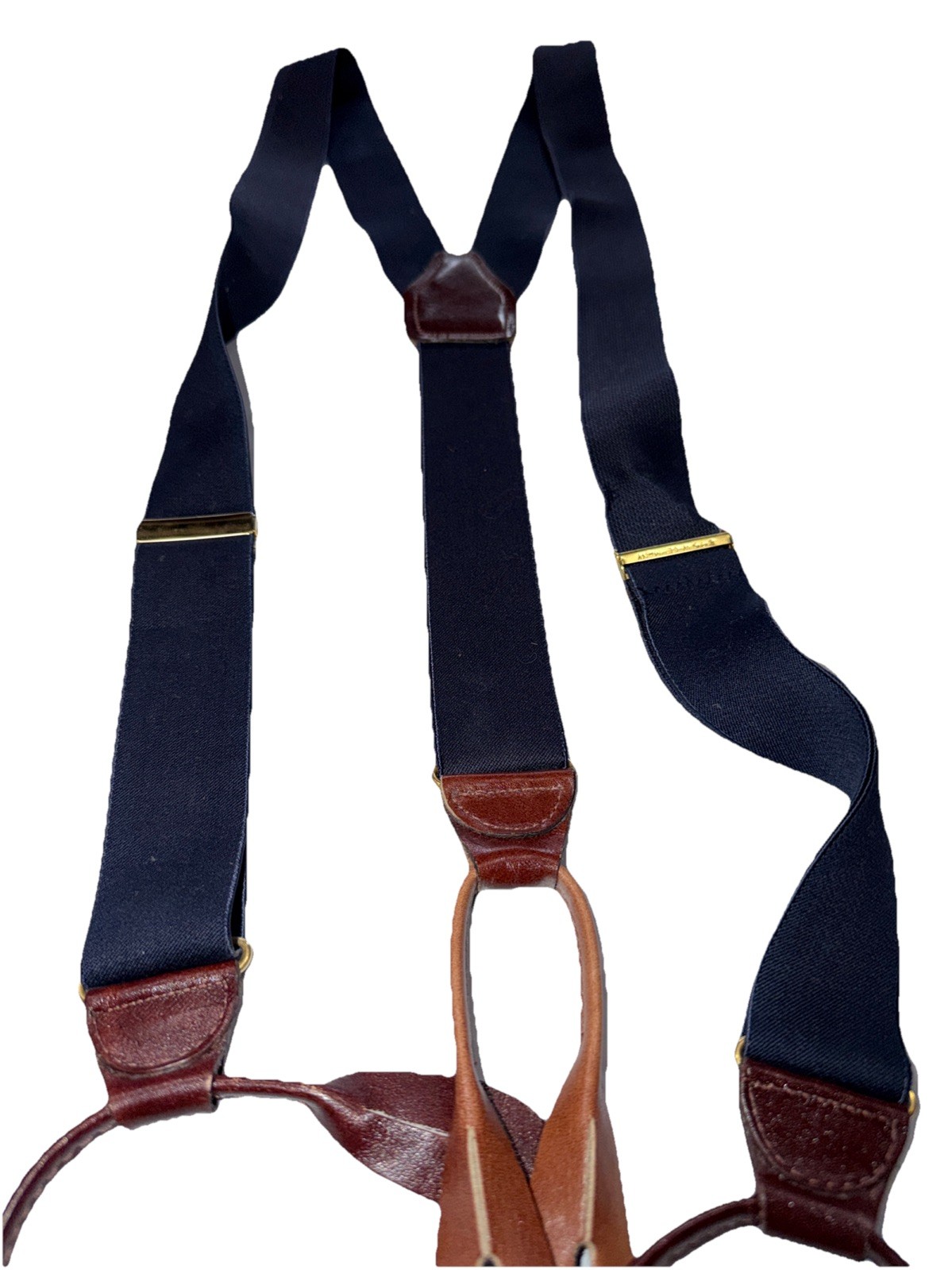Vintage CAS W Germany BLUE Suspenders BROWN Leather Button Tab Braces Y strap OS