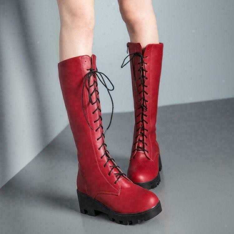 Womens Gothic Round Toe Combat Knee High Boots Retro PU Leather Lace Up Shoes