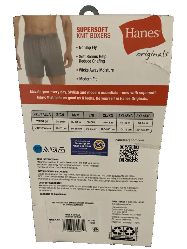 Hanes Men’s Size S 28-30 Boxer Briefs 3-Pack Supersoft Made Viscose From Bamboo
