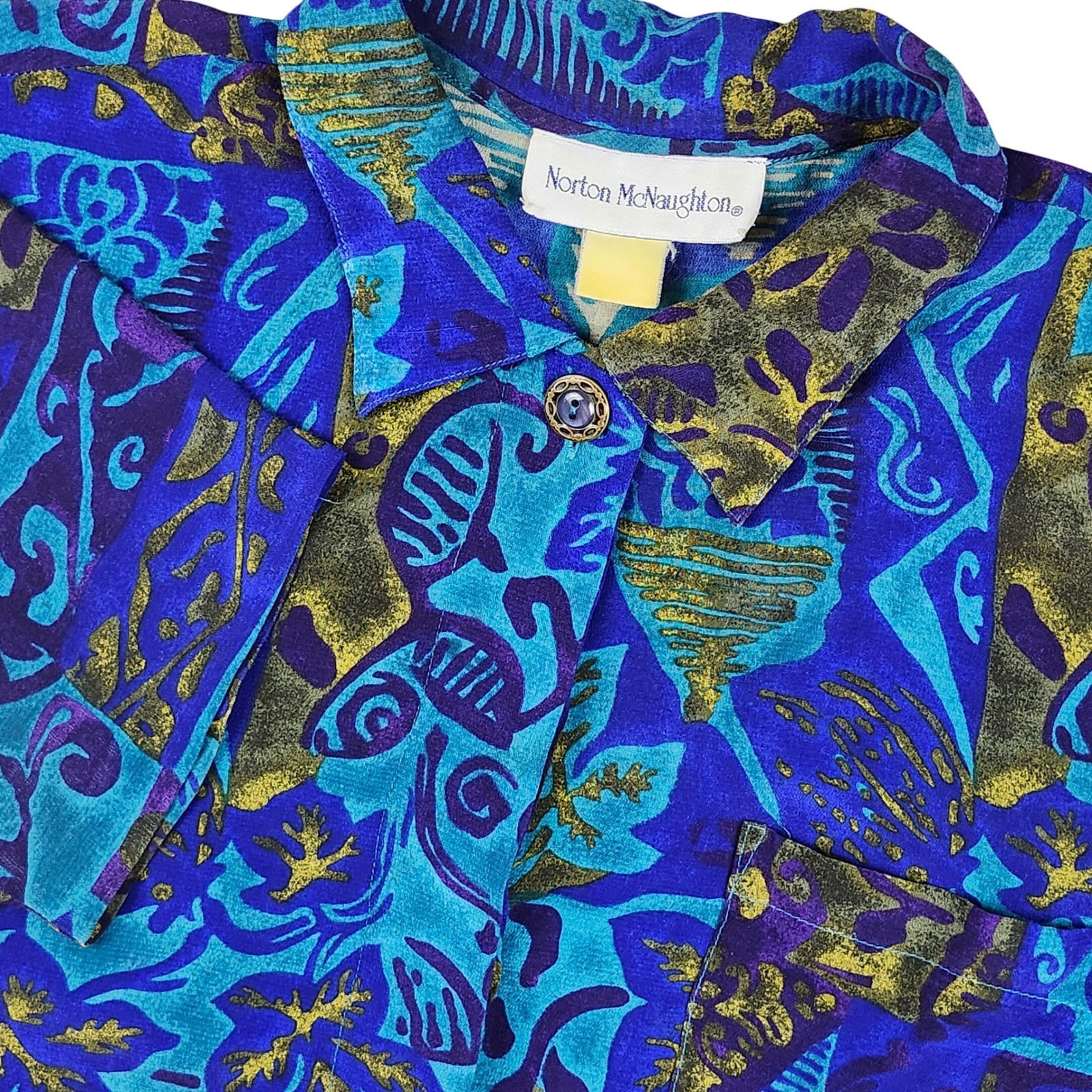 Norton McNaughton Short Sleeve Shirt Womens L Blue Purple Abstract Artsy 80s VTG