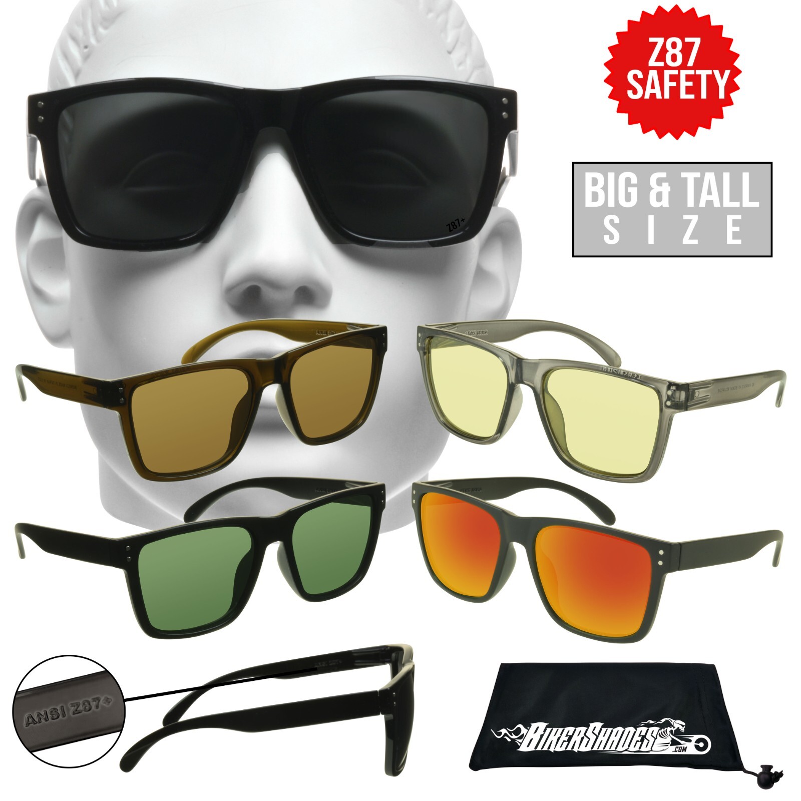 Motorcycle Big Tall Men Z87 Safety Sunglass XL Wide Large Frame Protective Work