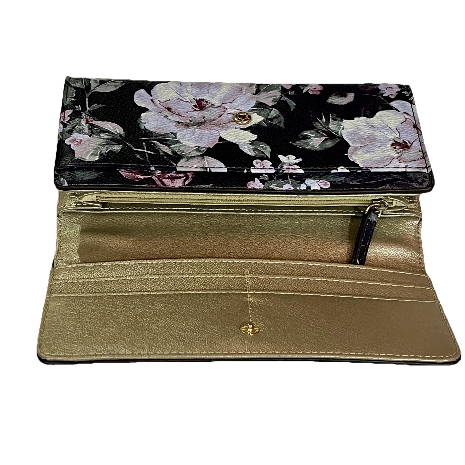 Black Floral Wallet Snap Front Multi Pocket Zip Interior Gold