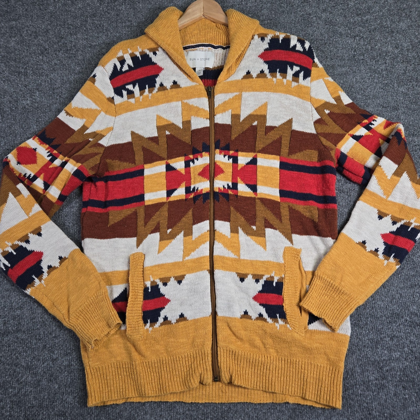 Sun + Stone Cardigan Sweater Mens M Southwestern Aztec Full Zip Cotton Shawl