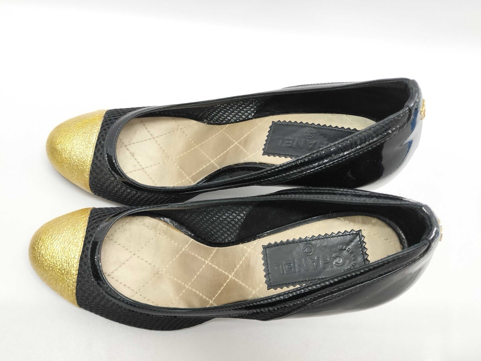 Chanel Mesh And Leather Black Gold Heels Sz 37