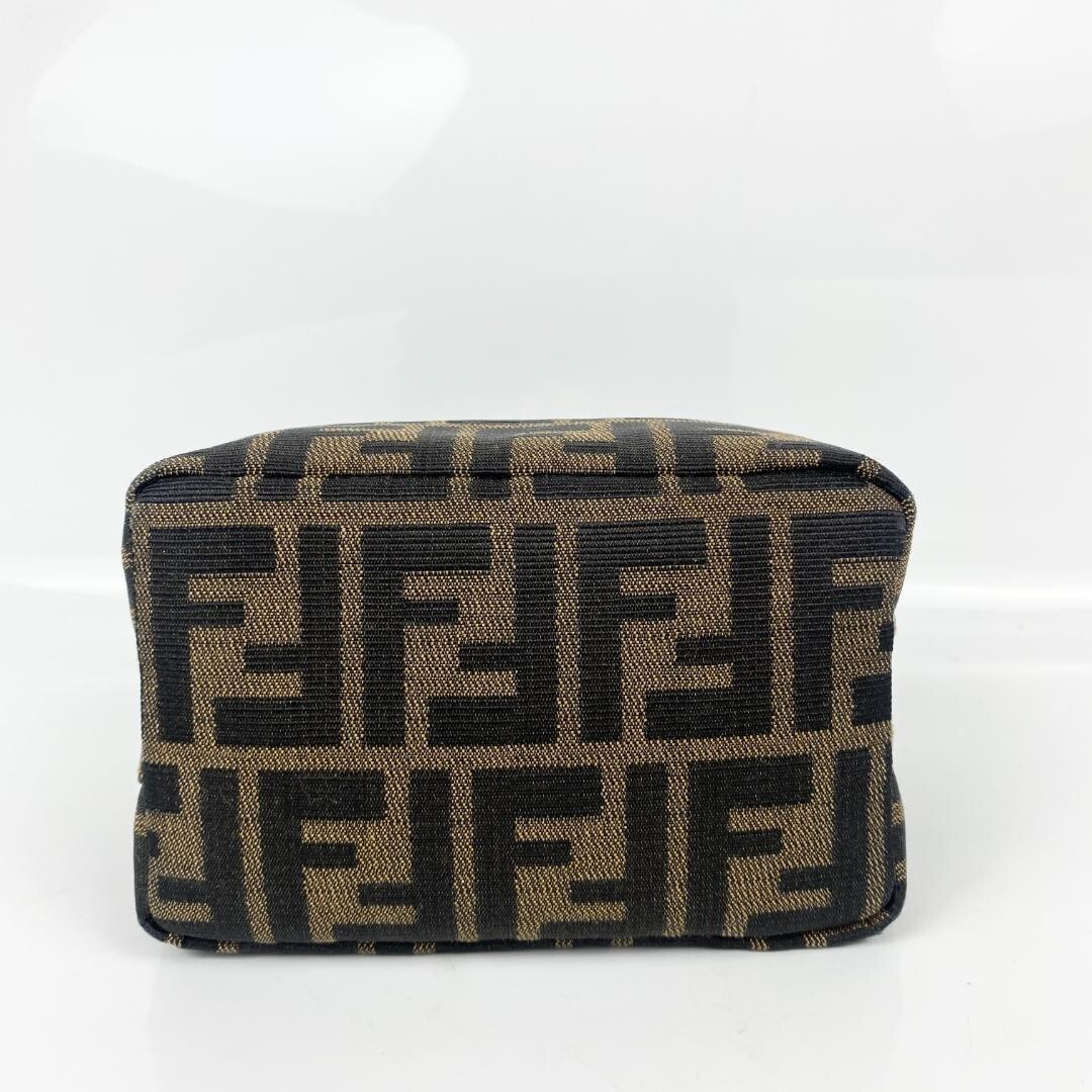 Fendi Zucca FF Logo Vanity Bag Canvas Leather Brown Gold Italy Top Handle Zip
