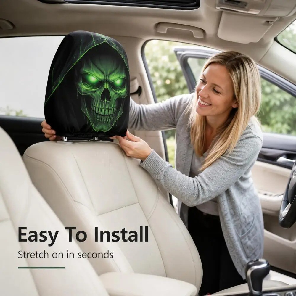 2x Green Glow Grim Reaper Skull Car Headrest Cover Hooded 2D Print Universal Fit