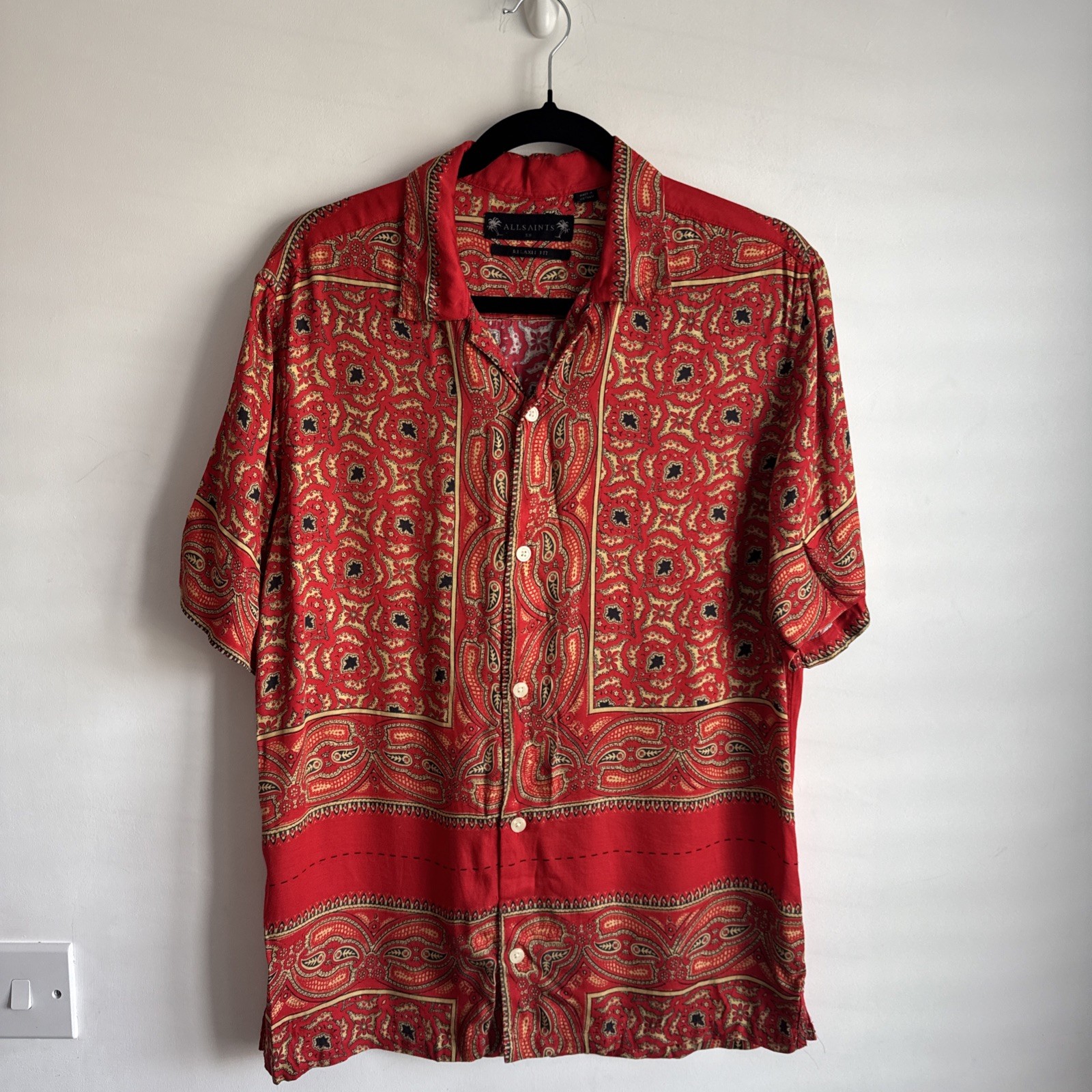 All Saints Mens Shirt XS Red Gold Sinaloa Relaxed Bandana Hawaiian Aztec