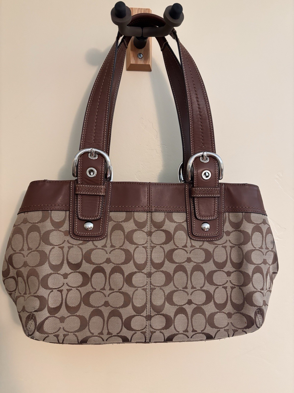 Coach Soho Signature C Monogram Shoulder Bag Brown Leather Trim Pleated
