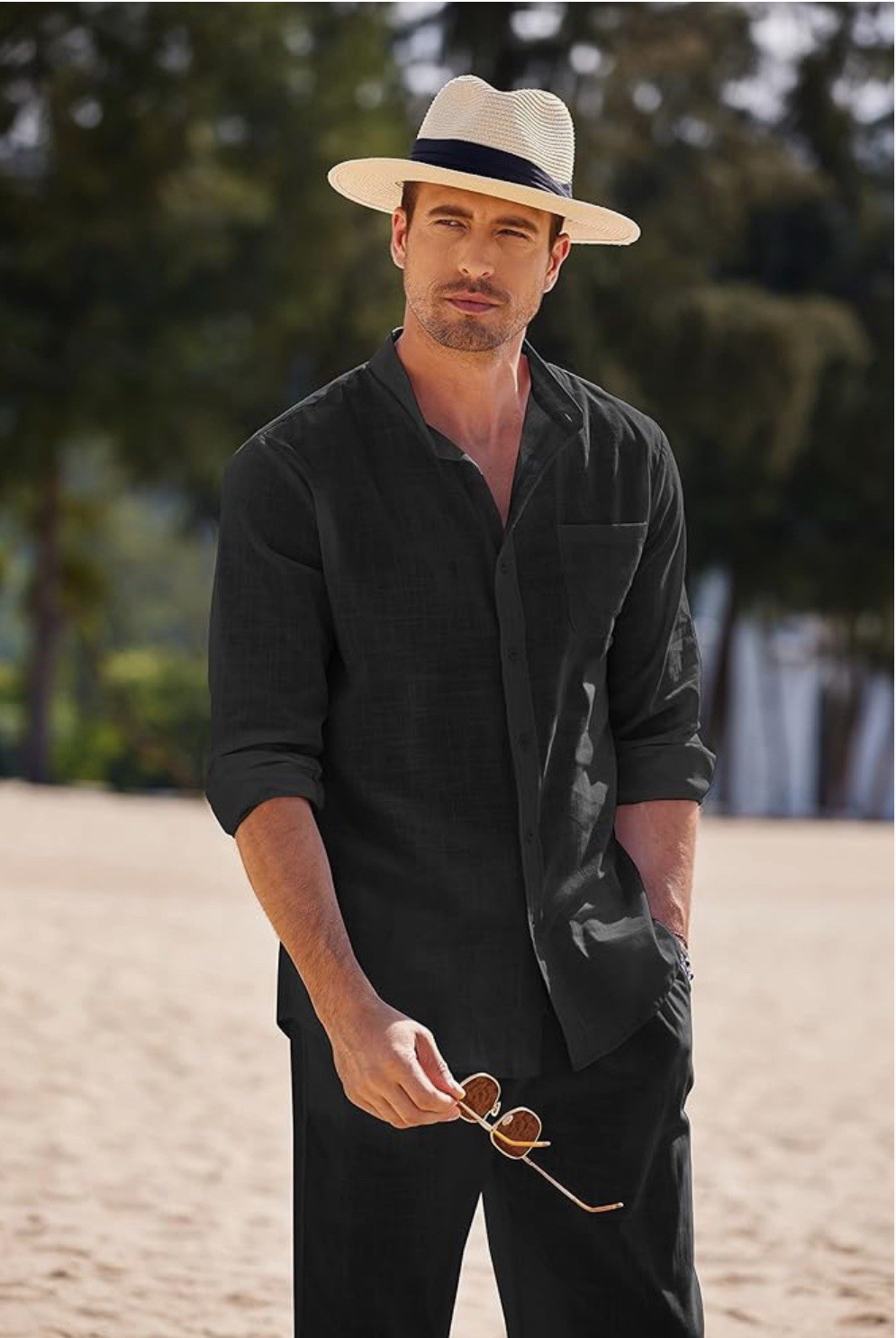 COOFANDY Linen Sets For Men 2 Piece Button Down Shirt Long Sleeve And Casual L