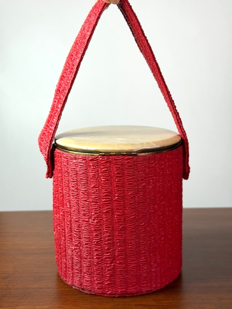 Vintage 1950s red round box purse, vinyl mirror Lin-Bren handbag cylinder small