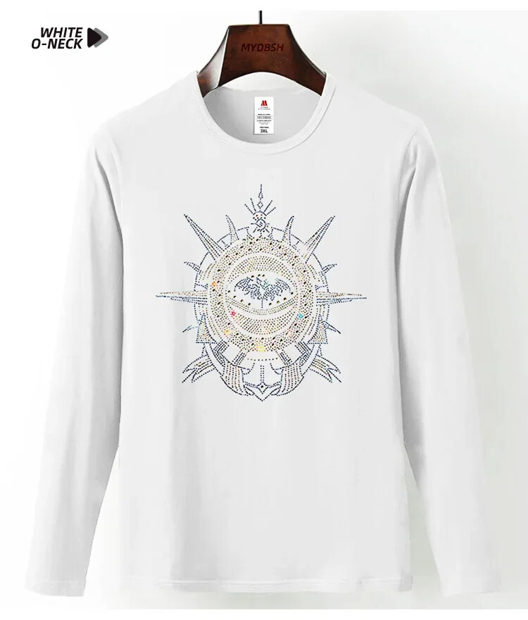 Fashion Trend Stone Rhinestones Streetwear Long Sleeve Luxury Men V-Neck T-Shirt