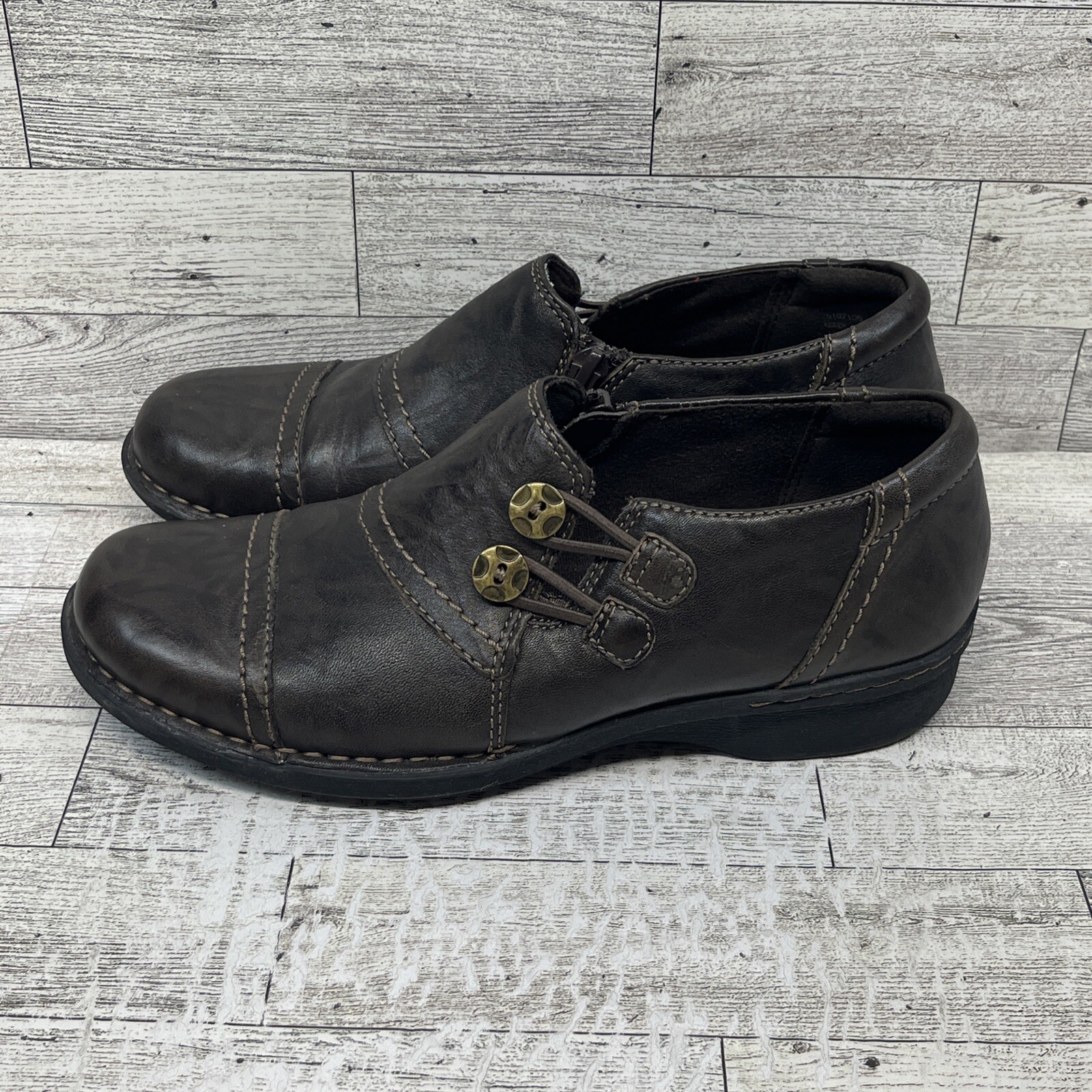 Clarks Collection Shoes Women’s 7M Casual Slip On Loafers Brown Leather Side Zip