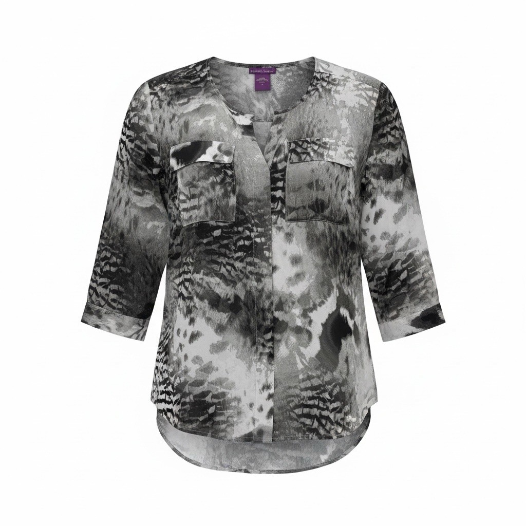 Animal Print Blouse Women’s 1X Beverly Drive Button Up Black White Grey EUC