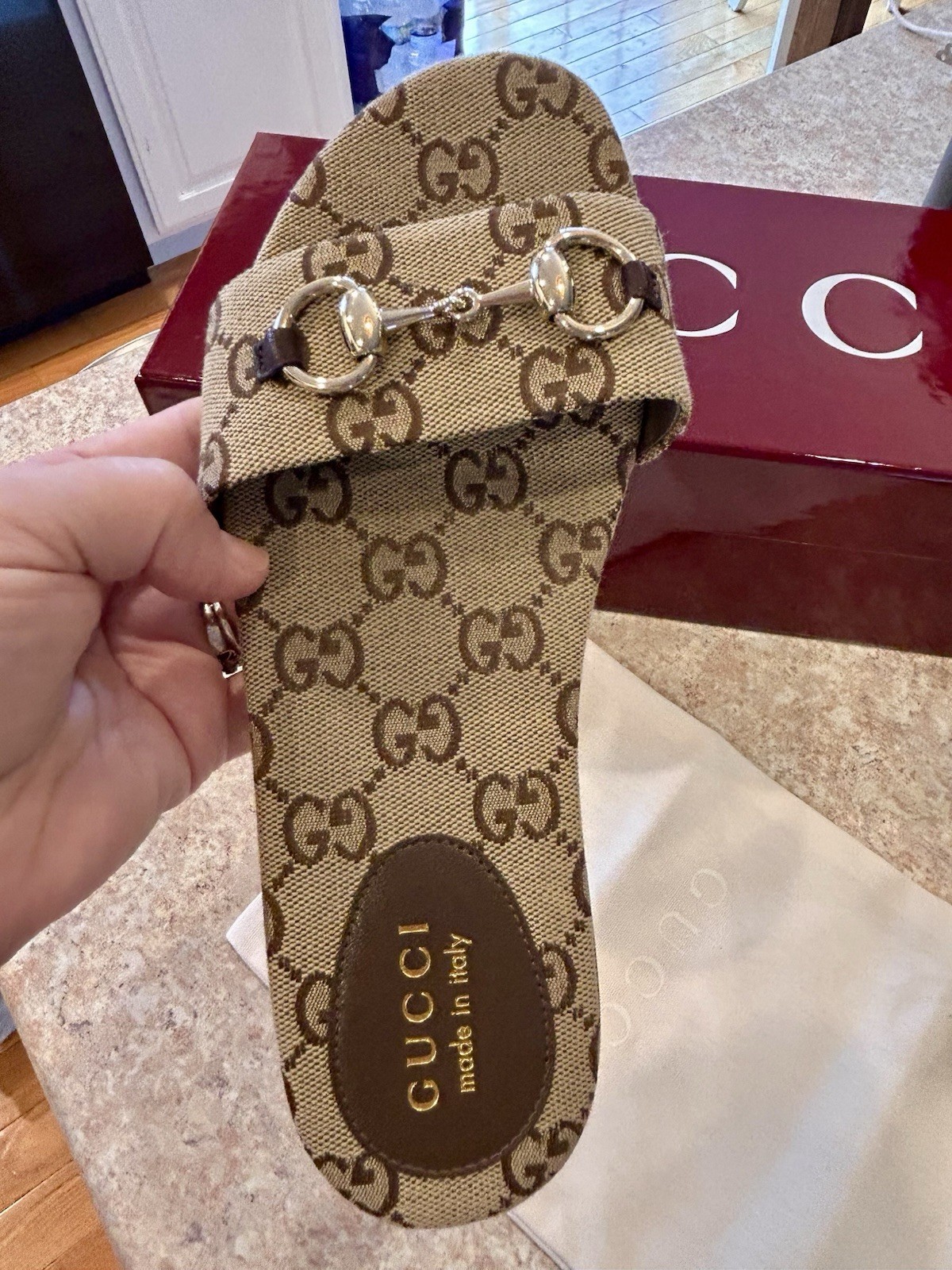 Gucci GG Canvas Siaga Slide Sandals Beige Brown Logo Buckle Leather US 7 B EU 37
