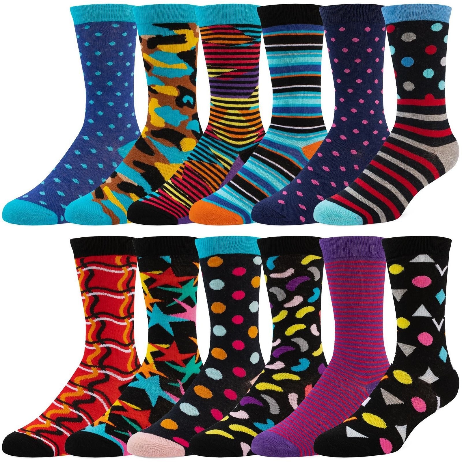 ZEKE Men’s Dress Socks Funky Fun Colorful Crew Socks 12 Assorted Patterns