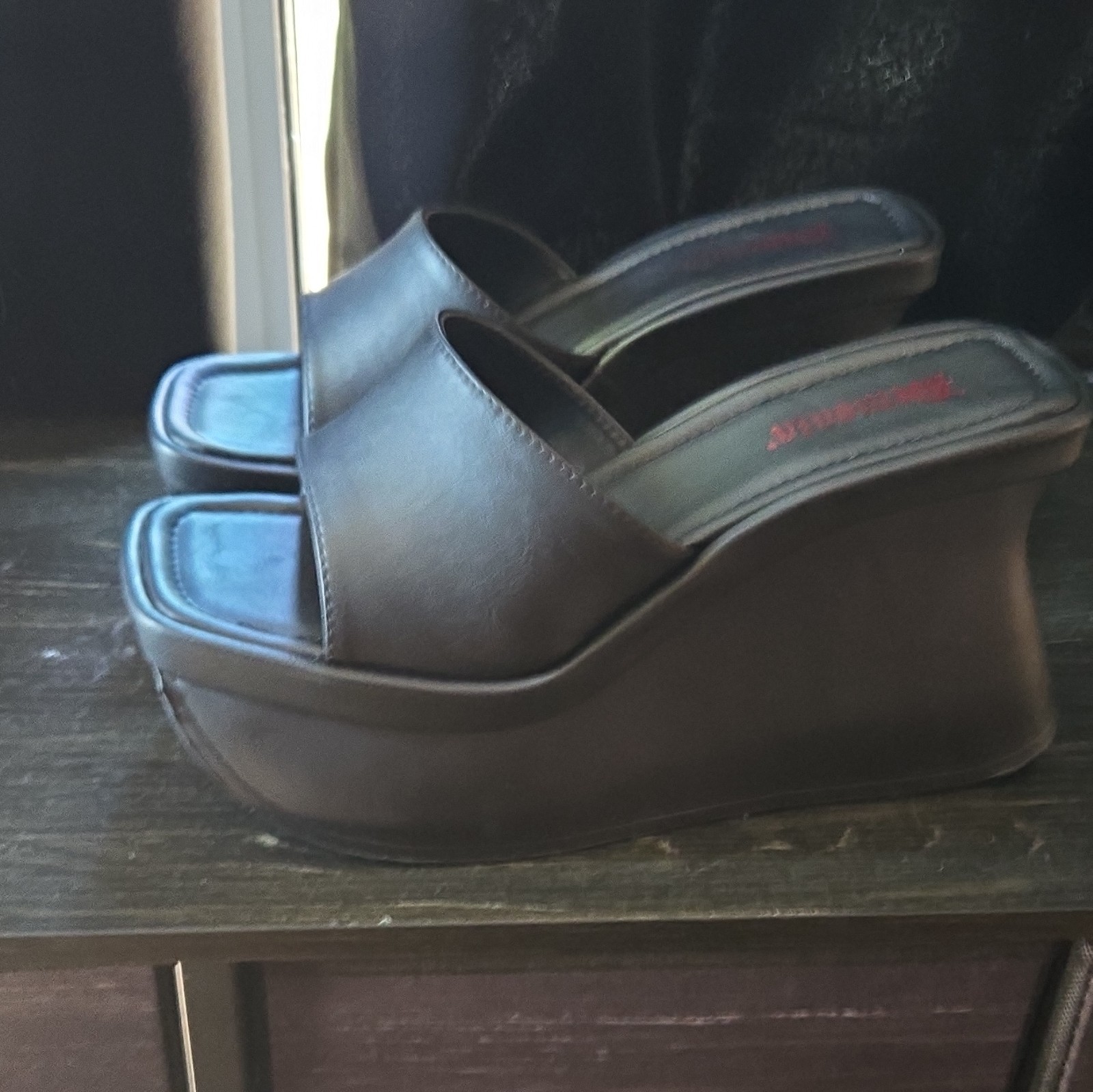 Demonia Women’s Black Leather Platform Wedge Slide Sandals Open Toe Mule 11