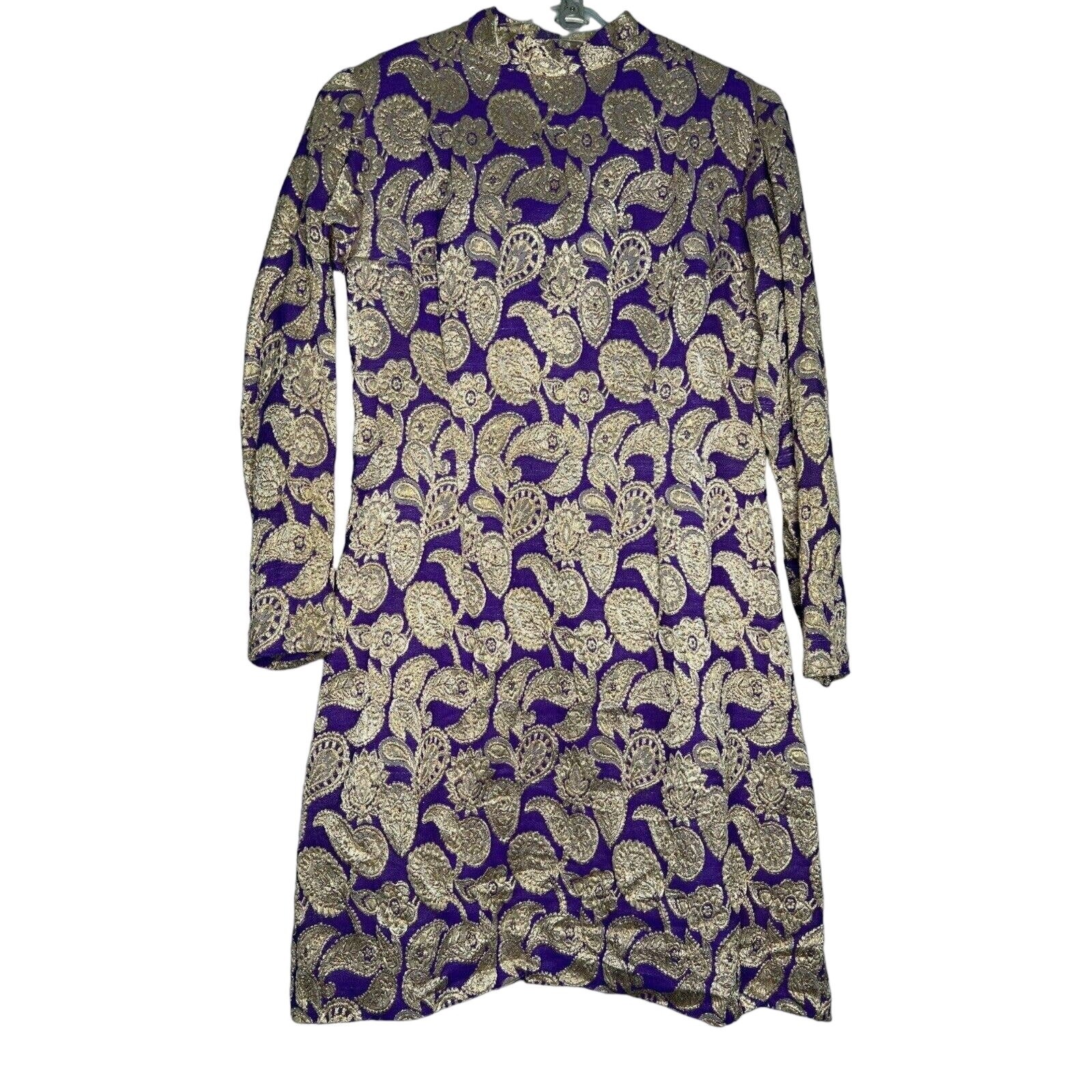 Vintage 70s Size Small Purple Gold Brocade MIni Dress Metallic Paisley MockNeck