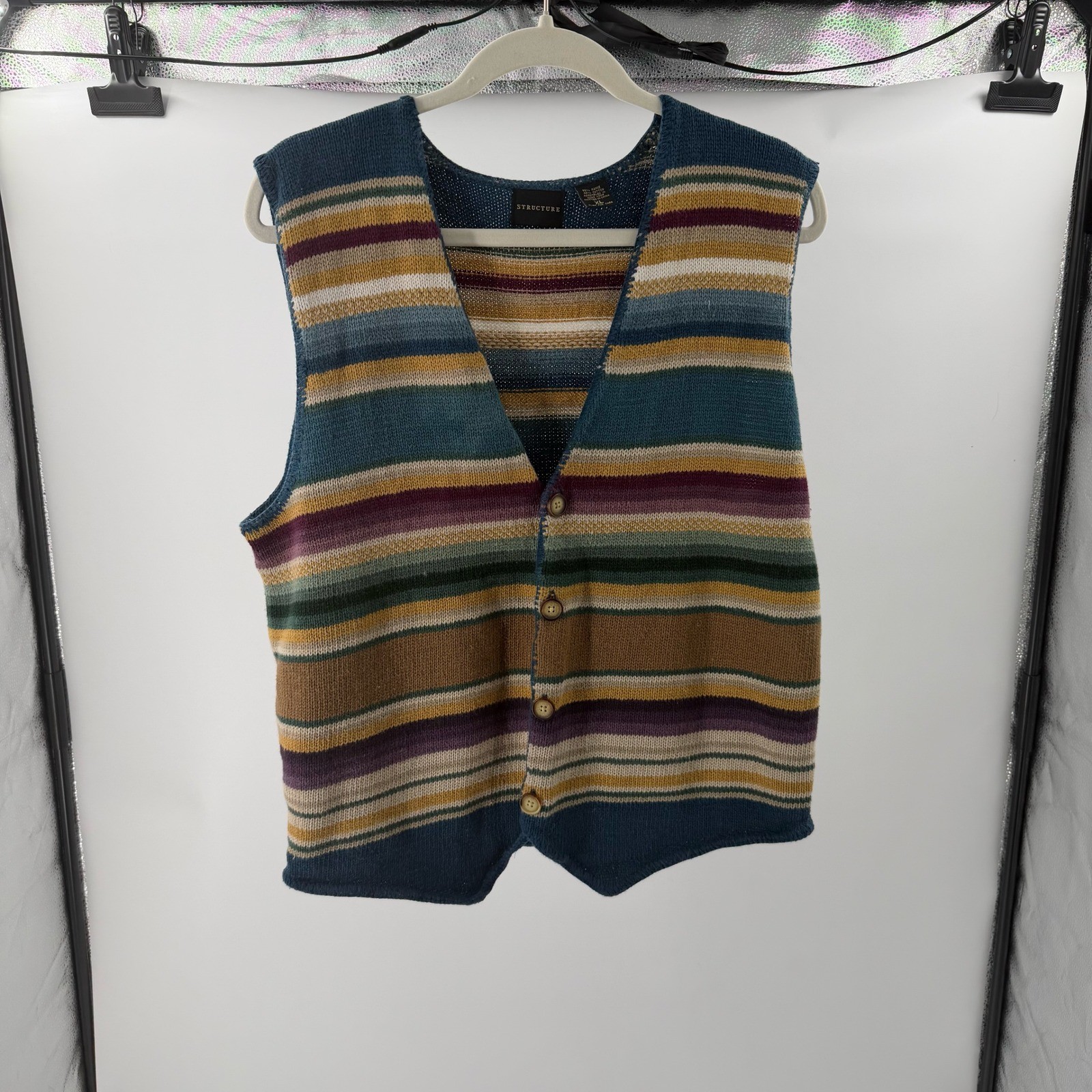 VTG Structure 90’s Cotton Multi- Color Striped Sweater Vest Sz XL Indie Retro