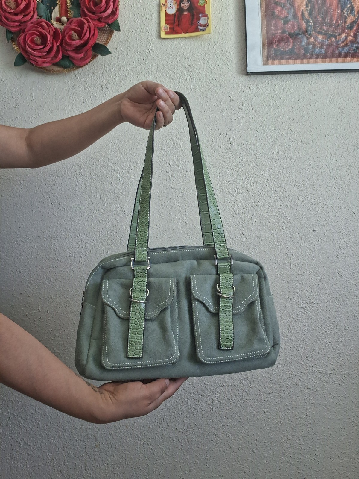 Green Suede Shoulder Bag Buckle Accent Zipper Closure Inner Pockets Classic