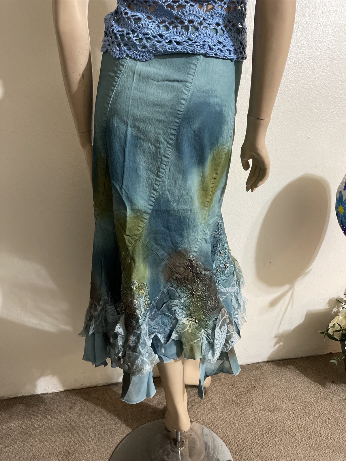 Blue Denim Cotton lace beaded embroidery Ruffle Size Size S(4-6) skirt SK733