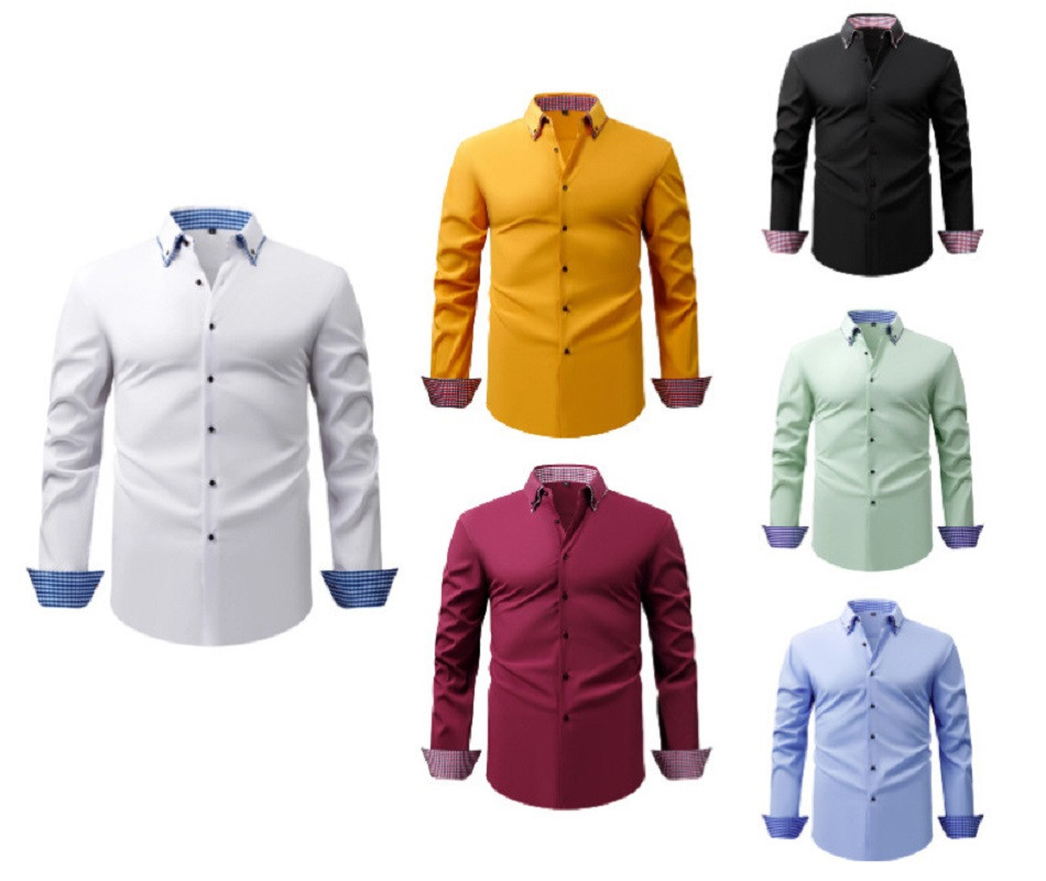 Mens Double Collar Dress Shirts Formal Long Sleeves Casual None Iron Shirts Tops