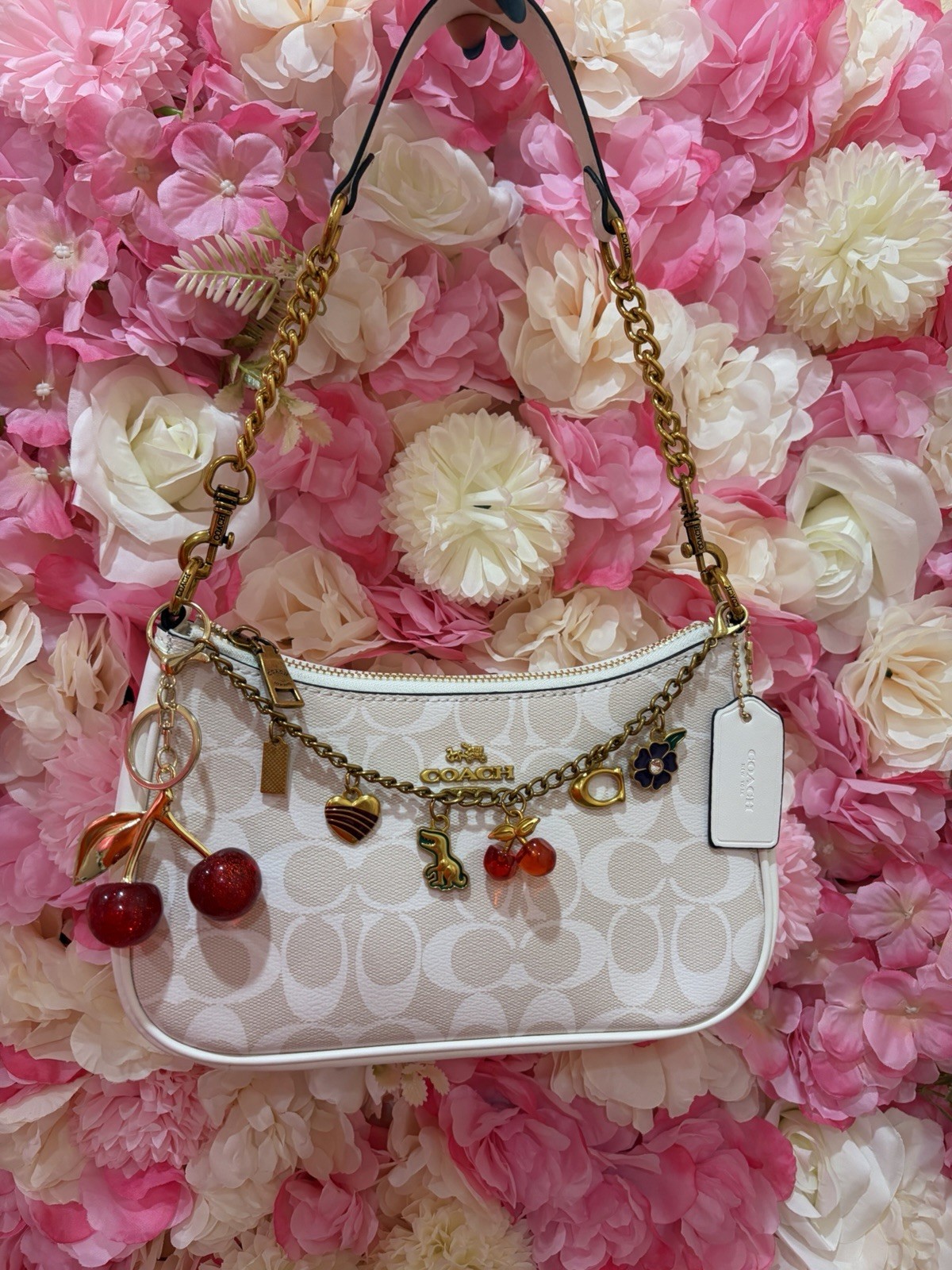 Coach Signature Logo Beige/White Small Shoulder Bag Zip Gold Chain Cherry Charm