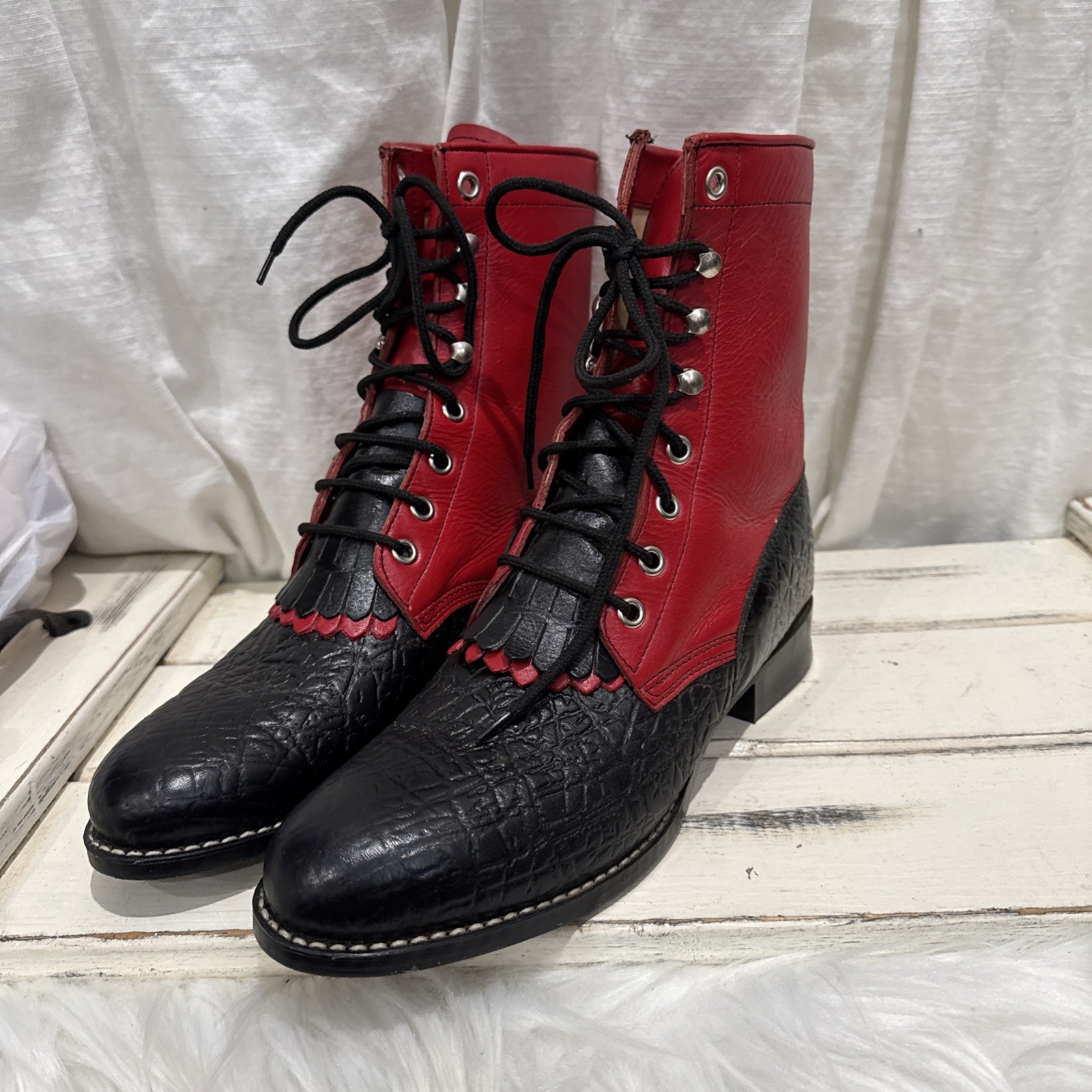 Red black Leather Boots Cowgirl Womens Sz 7B Granny Grunge Gothic Punk saloon