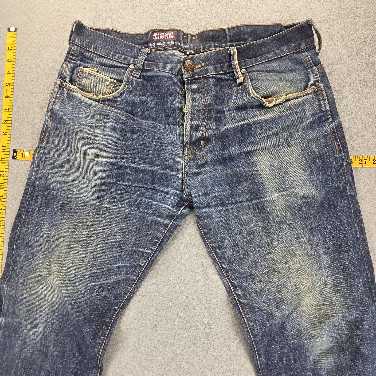 Sicko Jeans Mens Blue Selvedge Buckle Back Whiskers Fits 36×32