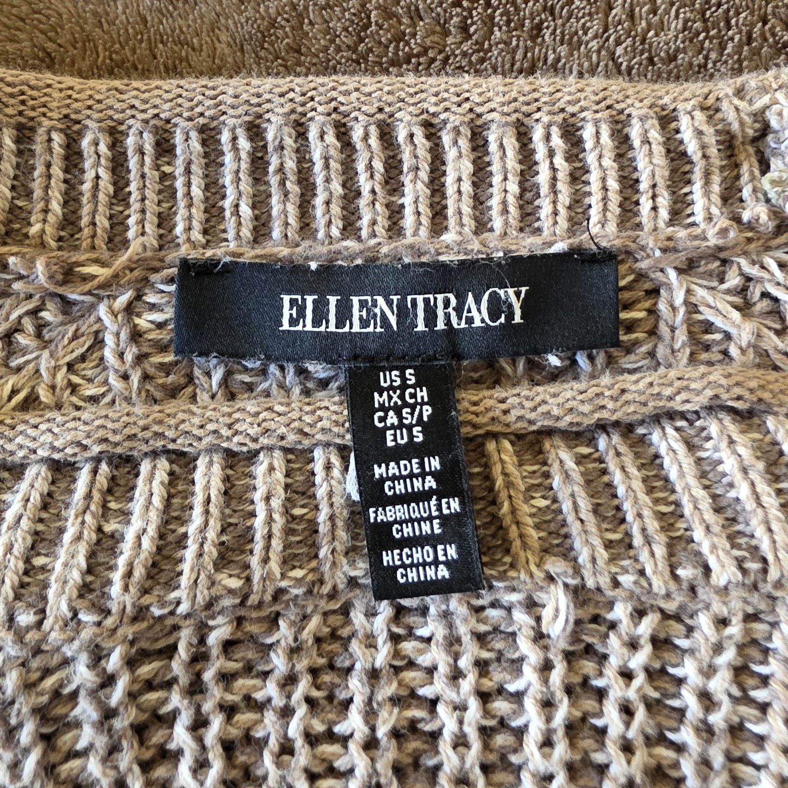Ellen Tracy Oatmeal Marl Sweater Womens Small Ribbed Knit Cotton Pullover