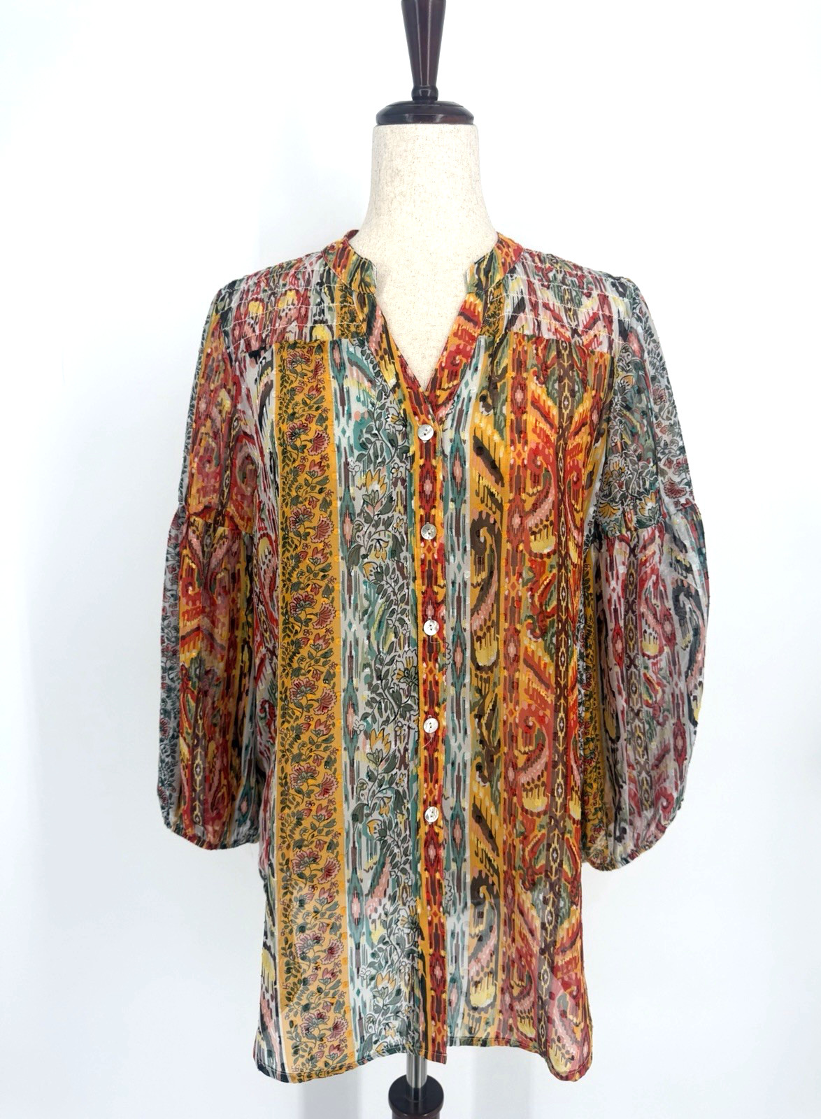 Fig and Flower Sheer Button Up Smocked Balloon Sleeve M Artsy Boho Colorful