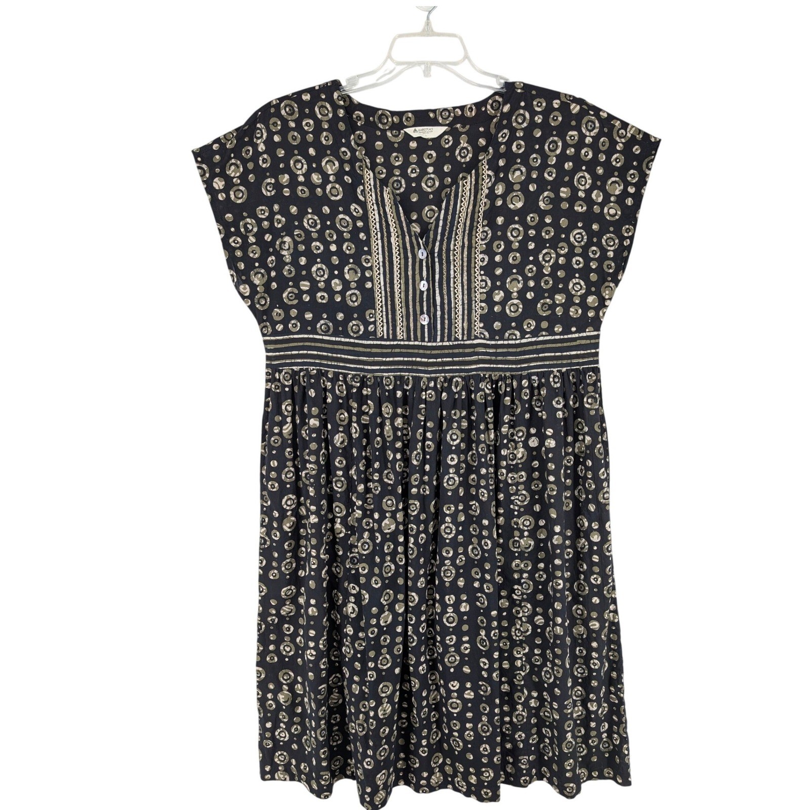 Marketplace Handwork of India Dress L Black Olive Batik Cotton Boho Artisan