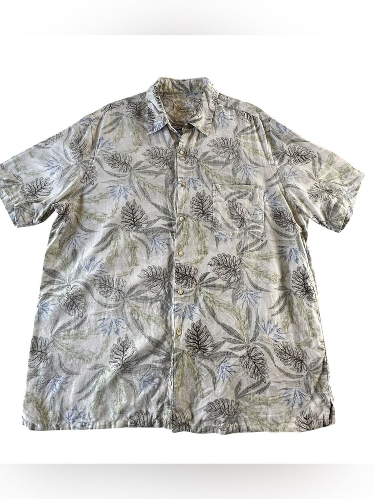 Tasso Elba Short-Sleeve Leaf Print Button-Up Shirt – Light Gray & Green XL
