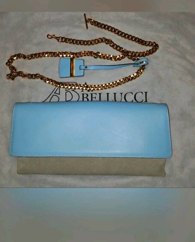 A. B. Bellucci Blue Logo Crossbody Bag Gold Hardware Chain Strap Zip Beige Lined