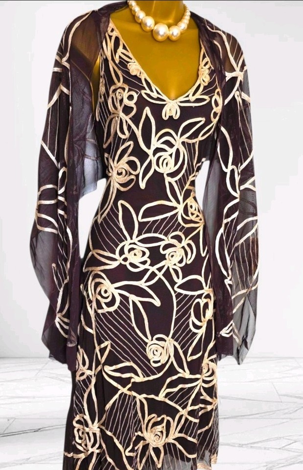 Phase Eight Brown & Cream Tapework Embroidered Occasion Dress + Shawl Size 12