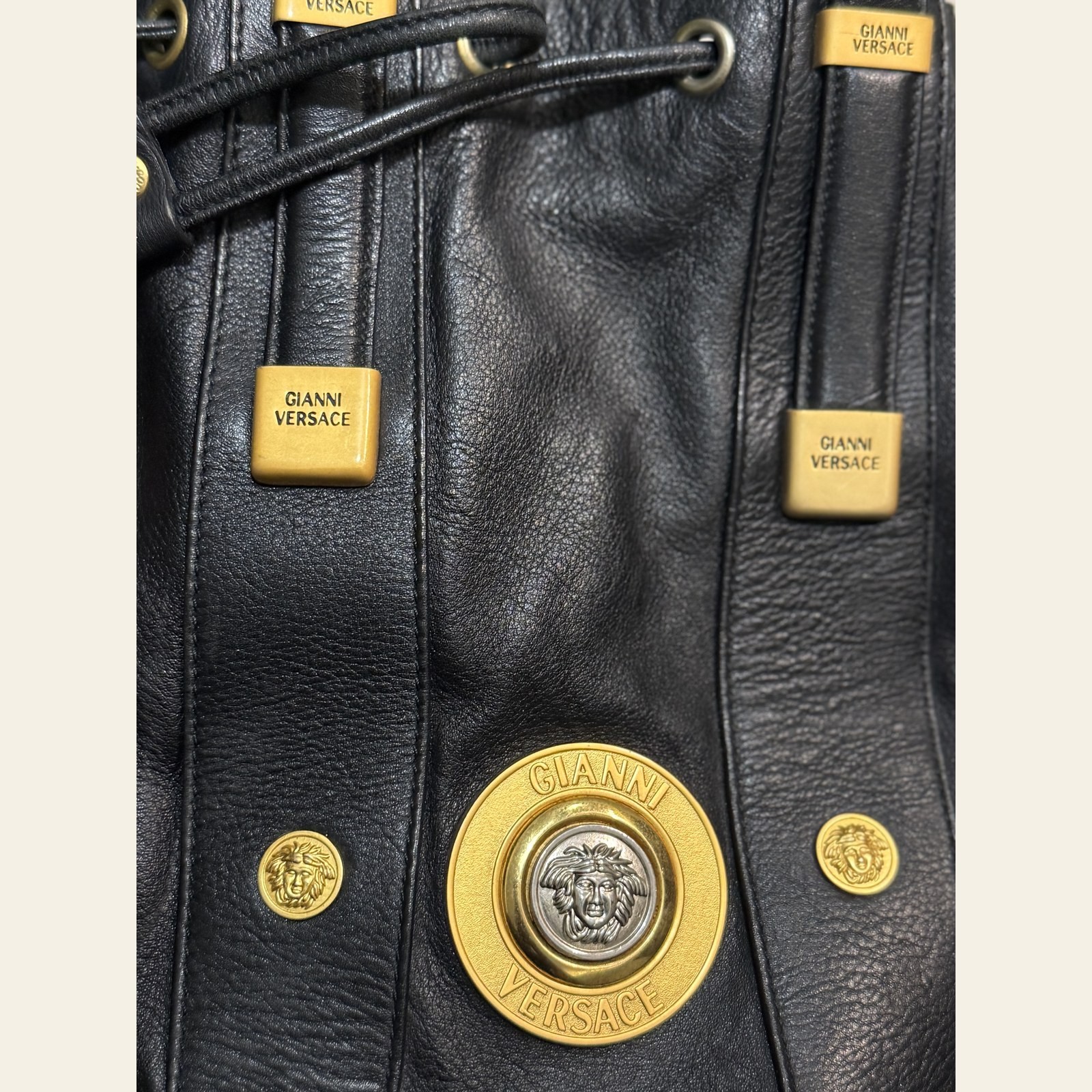 Gianni Versace Medusa Leather Drawstring Bucket Bag Black Vintage 1990s Auth
