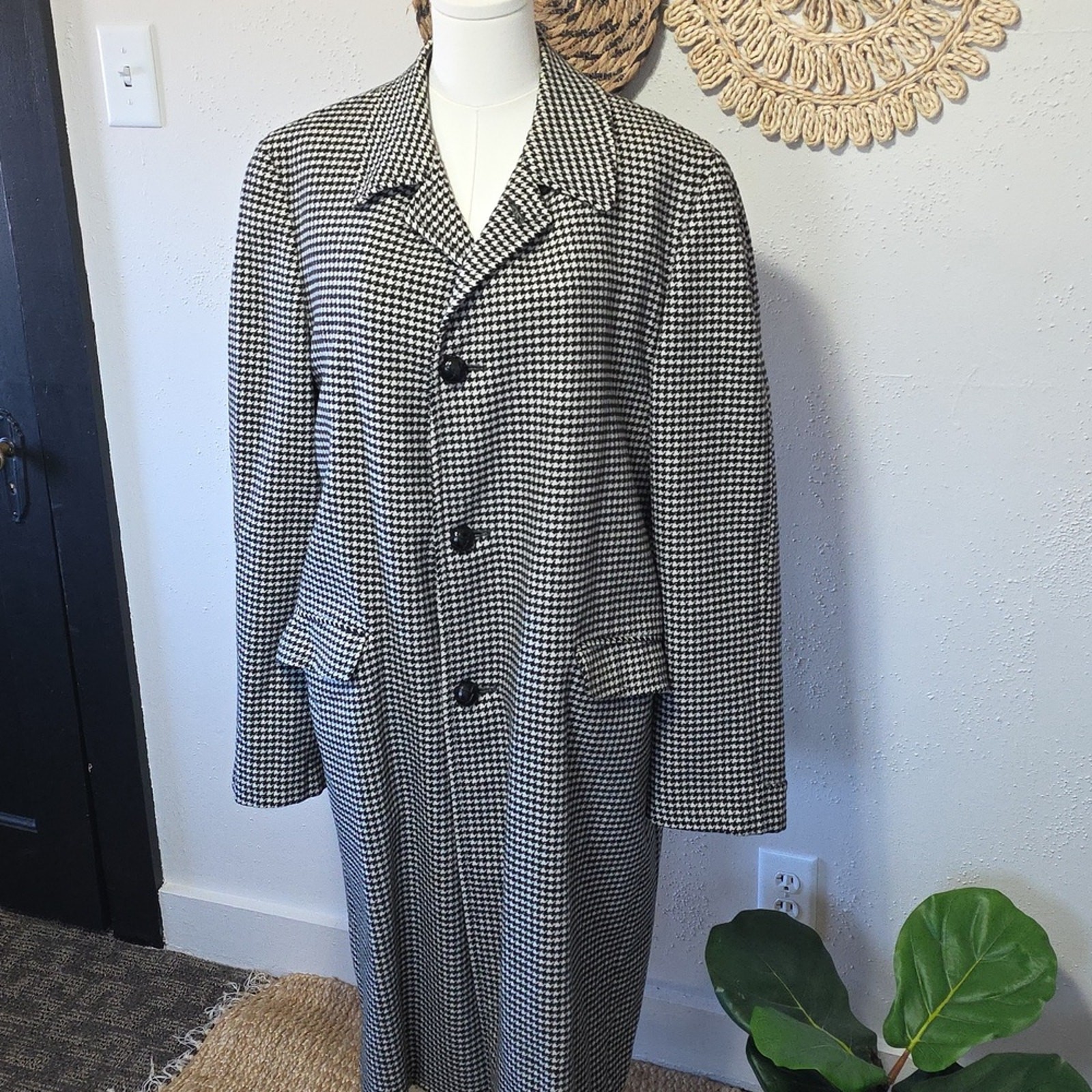 Vtg Penney’s Gentry Black & White Houndstooth Wool Maxi Coat Men’s XL Unisex