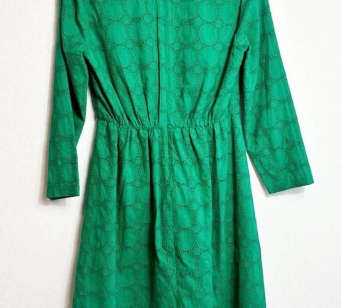 J.Crew Womens V Neck Green Eyelet Summer Long Sleeve Dress 100% Cotton size 00