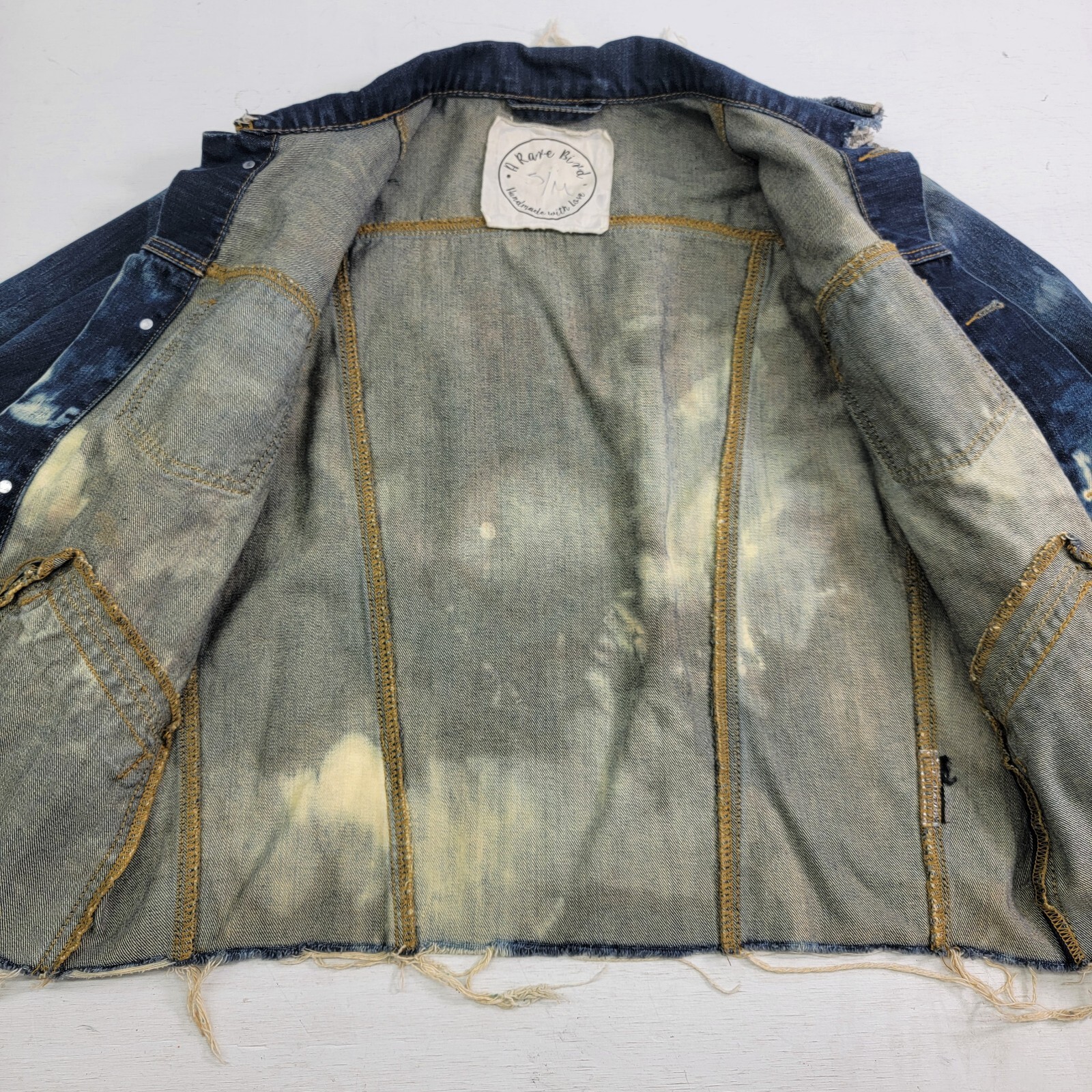 A Rare Bird Handmade Original Distressed Acid Wash Denim Jacket Adult Sz S/M EUC