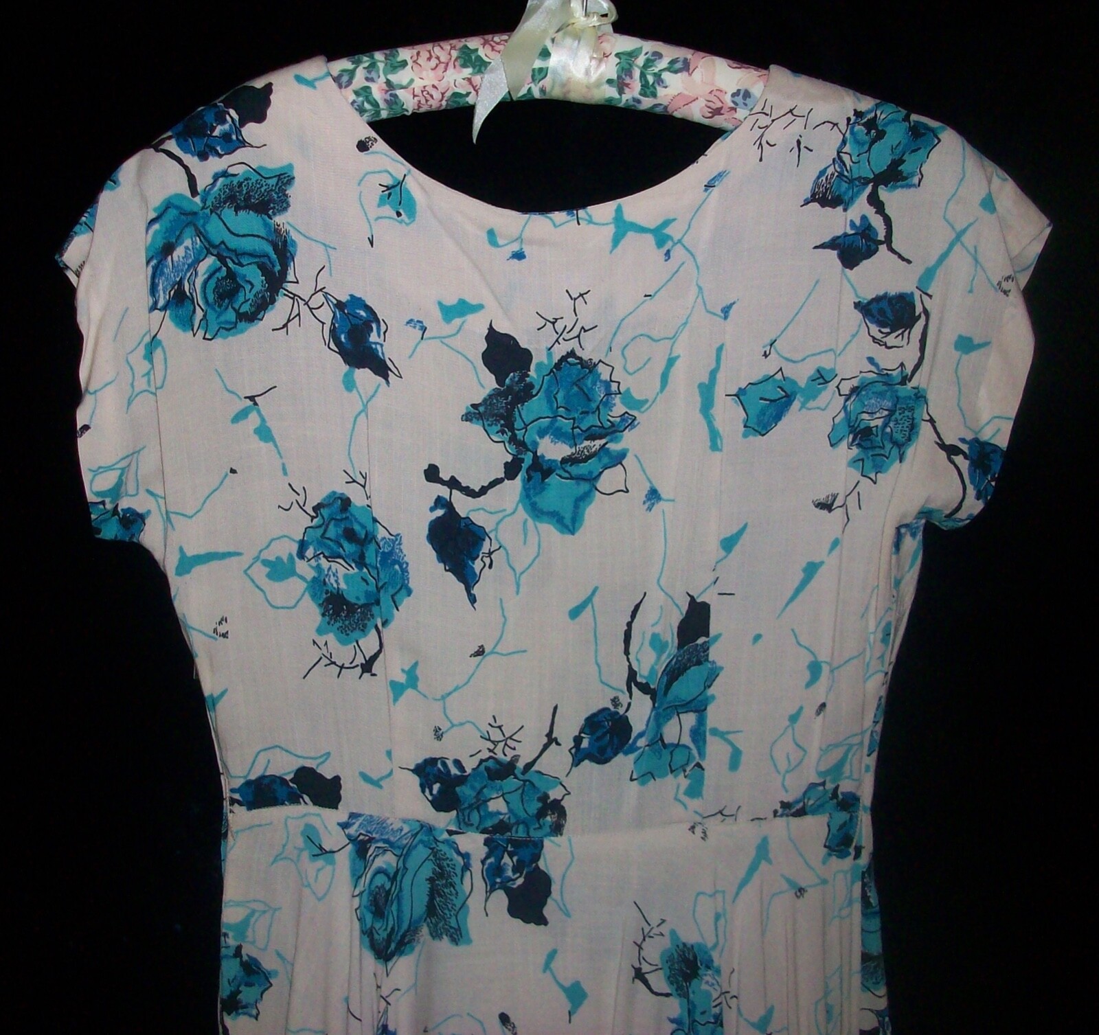 Vintage 50s EVE CARVER Fine Cotton Circle Skirt Dress Beige & Turquoise Roses
